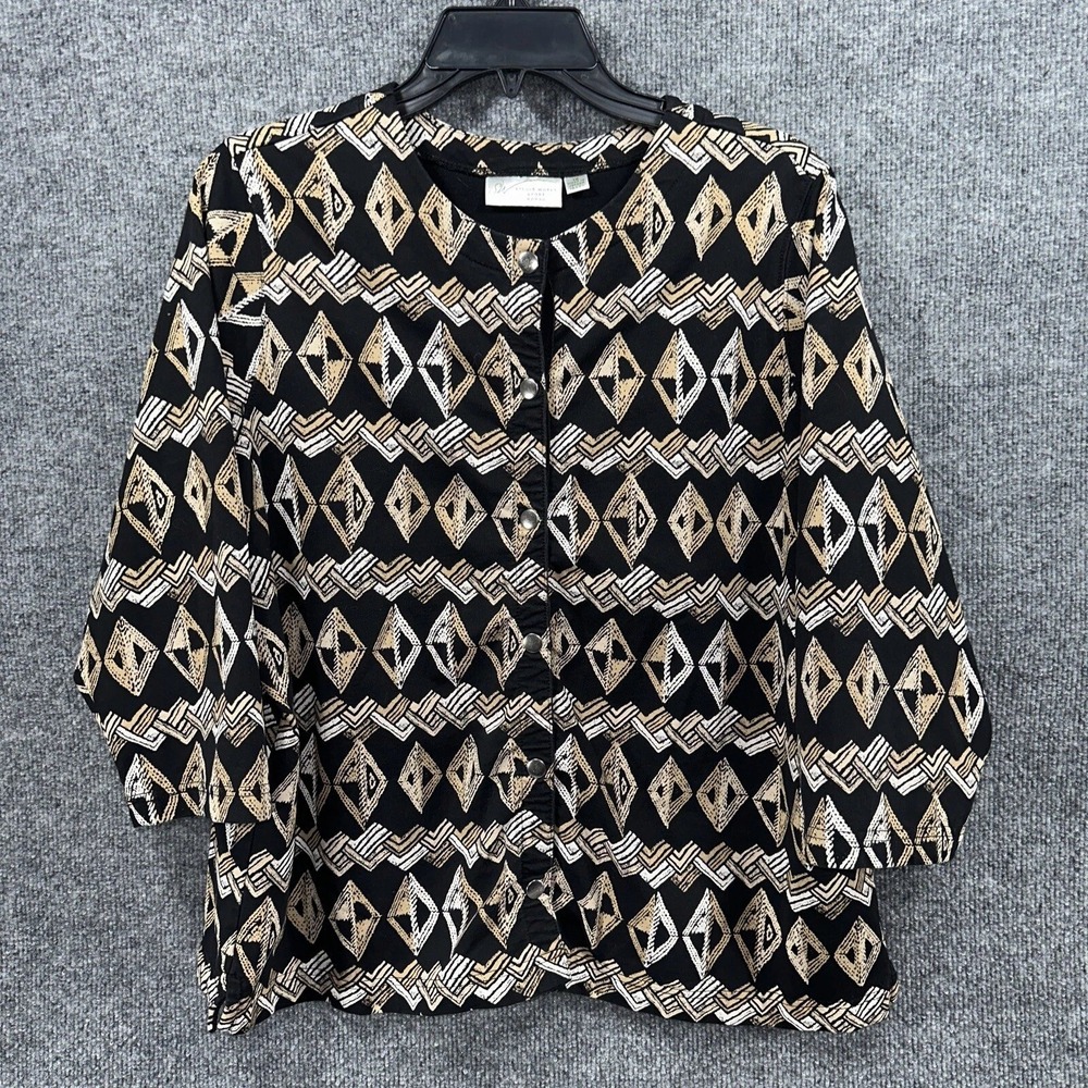 Studio Works Mens Black Geometric Diamond Pattern Button Front Shirt 3/4 Sleeve‎